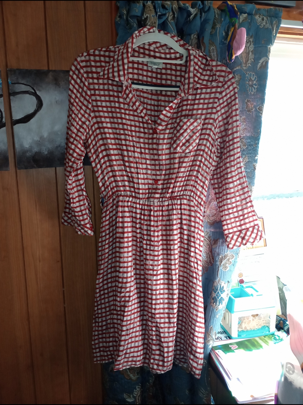 Women's Red and White Checked Long Sleeve Shirt Dress
